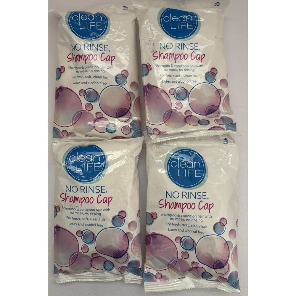 Lot of 4 Clean Life No Rinse Shampoo Cap New Sealed in Bag Camping Set